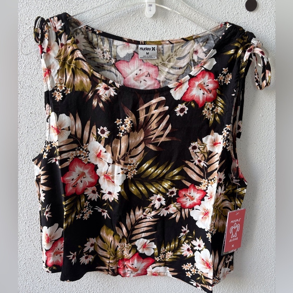 Hurley Highland‎ Tropics Tank Black Hawaiian floral print Size M Luau Surf Beach